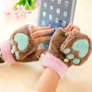 Women Cute Plush Flip Top fingerless Gloves Bear